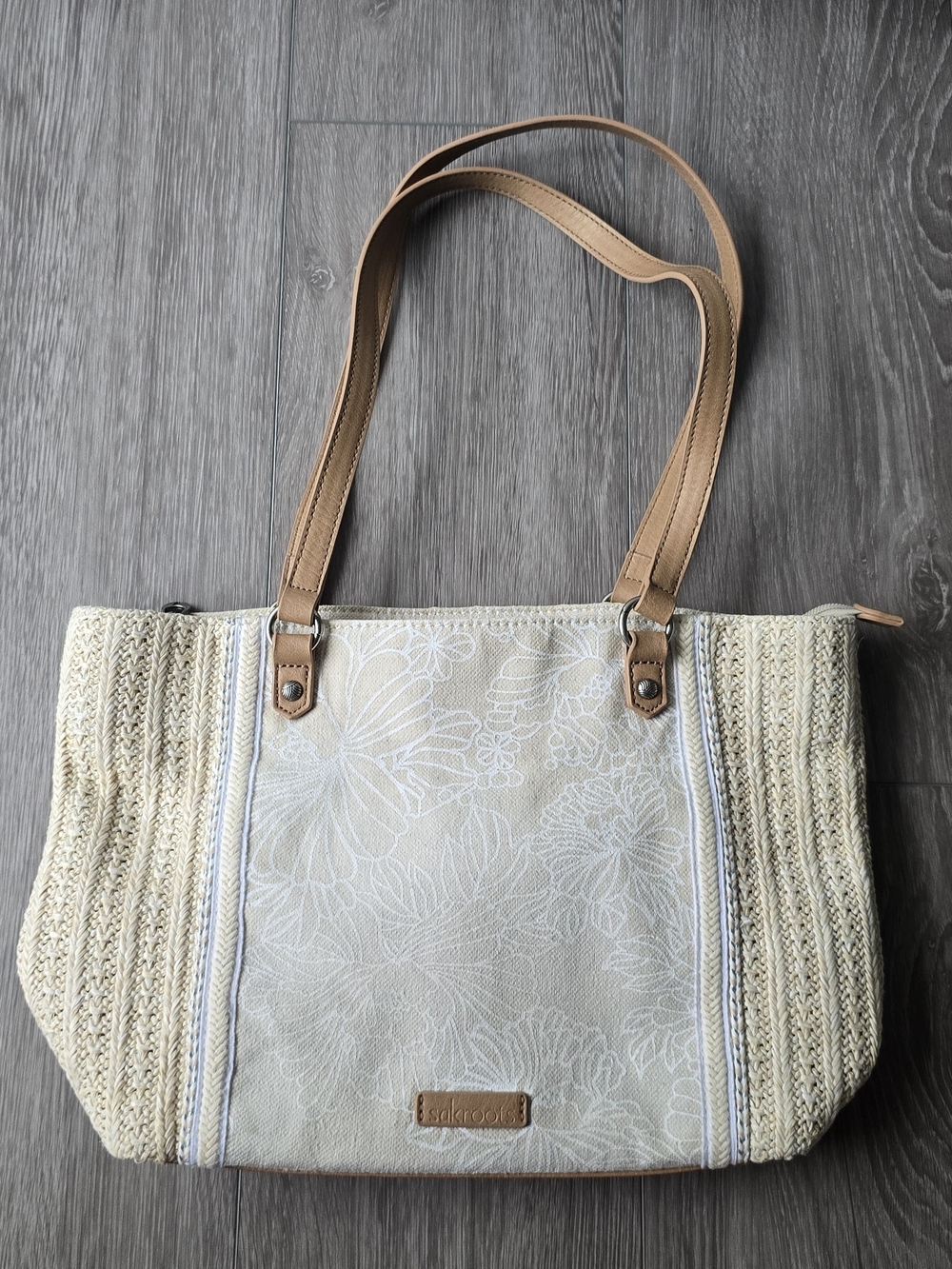 Sakroots Straw Woven Cotton Polyester Tote Bag Ivory Tan Floral Shoulder Bag